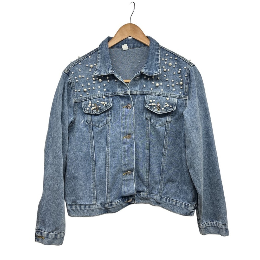 Bride Women's Denim Blue Jean Jacket With Pearls Wedding Bachelorette Sz XLarge - Picture 3 of 9